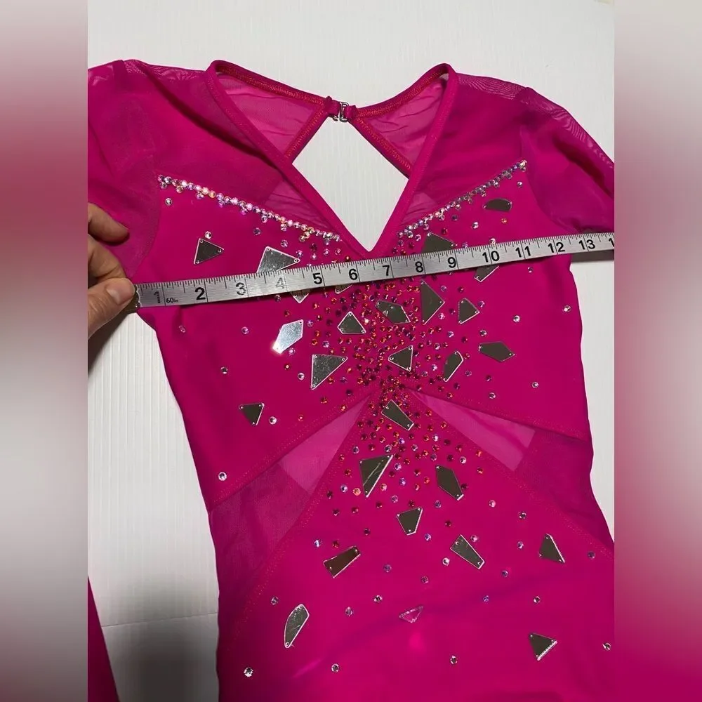 Competition Custom contemporary solo dance costume pink illusion long sleeve XSA